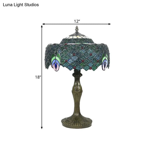 Blue Baroque Glass Nightstand Lamp With Peacock Feather Pattern