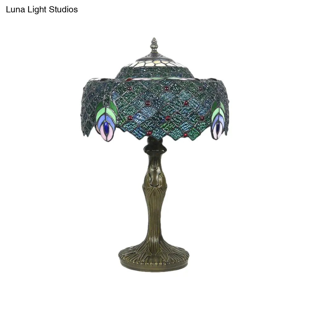 Blue Baroque Glass Nightstand Lamp With Peacock Feather Pattern