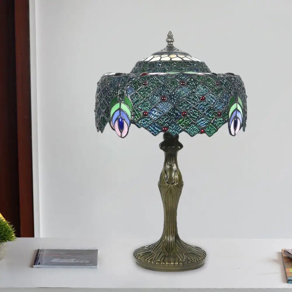 Blue Baroque Glass Nightstand Lamp With Peacock Feather Pattern