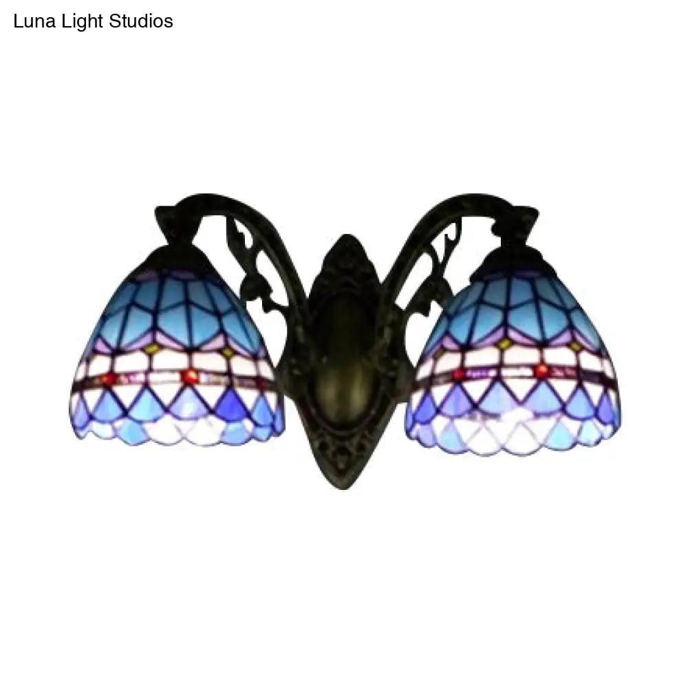 Blue Baroque Stained Glass Dome Sconce Light With Curved Arm - 2 Wall Fixture For Bedroom