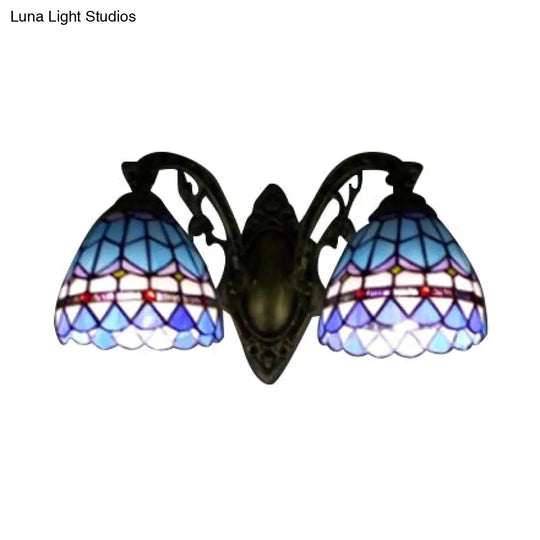 Blue Baroque Stained Glass Dome Sconce Light With Curved Arm - 2 Wall Fixture For Bedroom