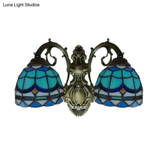 Blue Baroque Stained Glass Dome Sconce Light With Curved Arm - 2 Wall Fixture For Bedroom