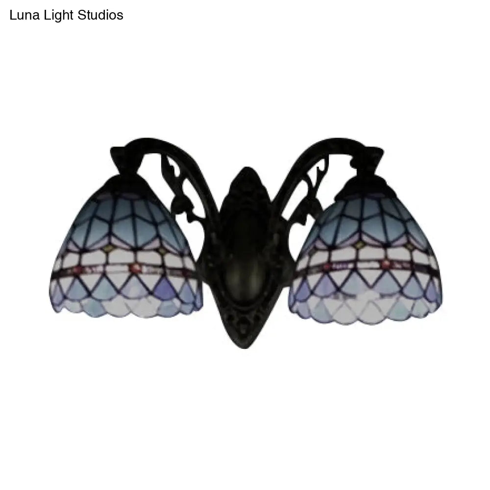 Blue Baroque Stained Glass Dome Sconce Light With Curved Arm - 2 Wall Fixture For Bedroom