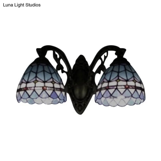 Blue Baroque Stained Glass Dome Sconce Light With Curved Arm - 2 Wall Fixture For Bedroom