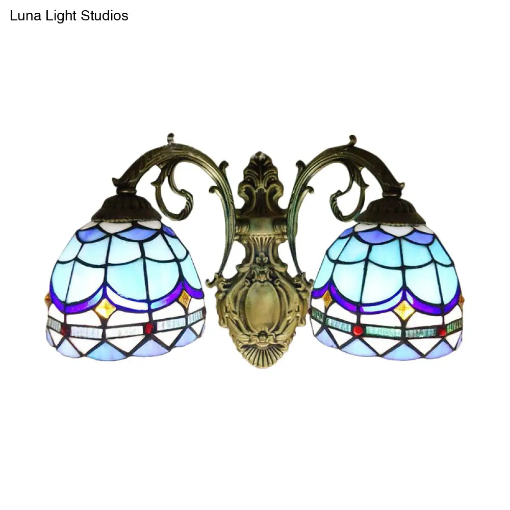 Blue Baroque Stained Glass Dome Sconce Light With Curved Arm - 2 Wall Fixture For Bedroom