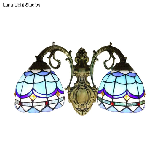 Blue Baroque Stained Glass Dome Sconce Light With Curved Arm - 2 Wall Fixture For Bedroom