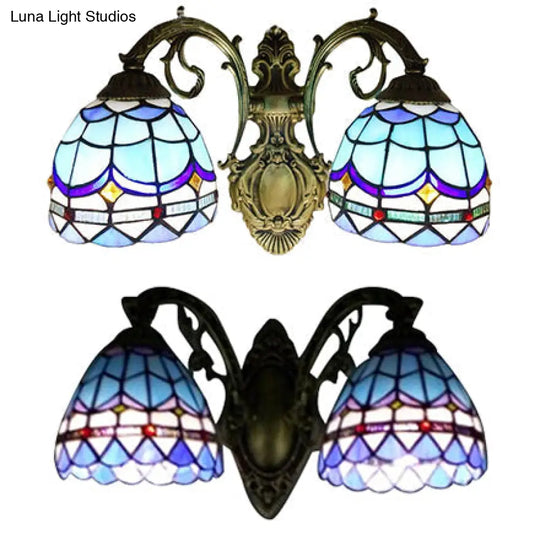 Blue Baroque Stained Glass Dome Sconce Light With Curved Arm - 2 Wall Fixture For Bedroom