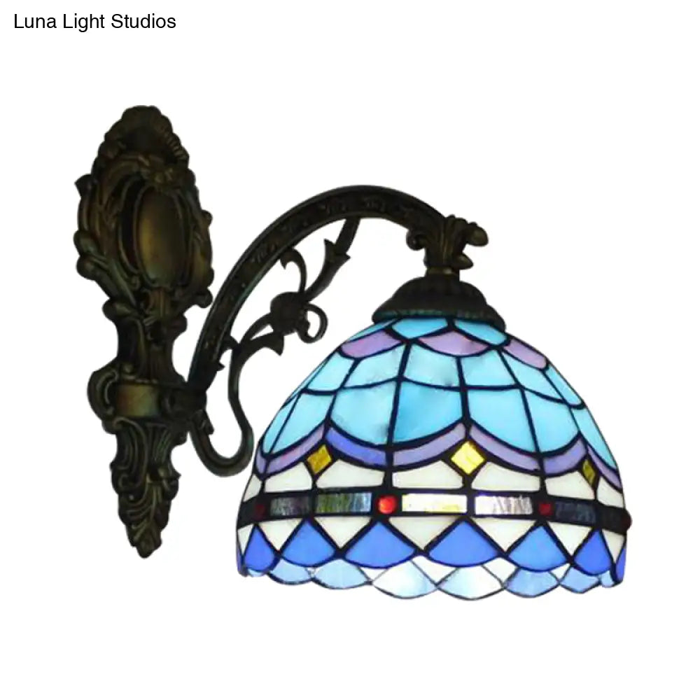 Blue Baroque Stained Glass Dome Wall Light - Bedroom Mount Fixture