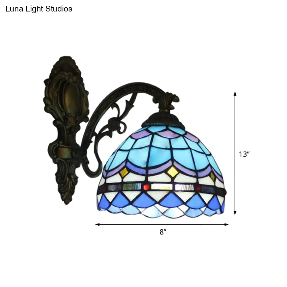 Blue Baroque Stained Glass Dome Wall Light - Bedroom Mount Fixture