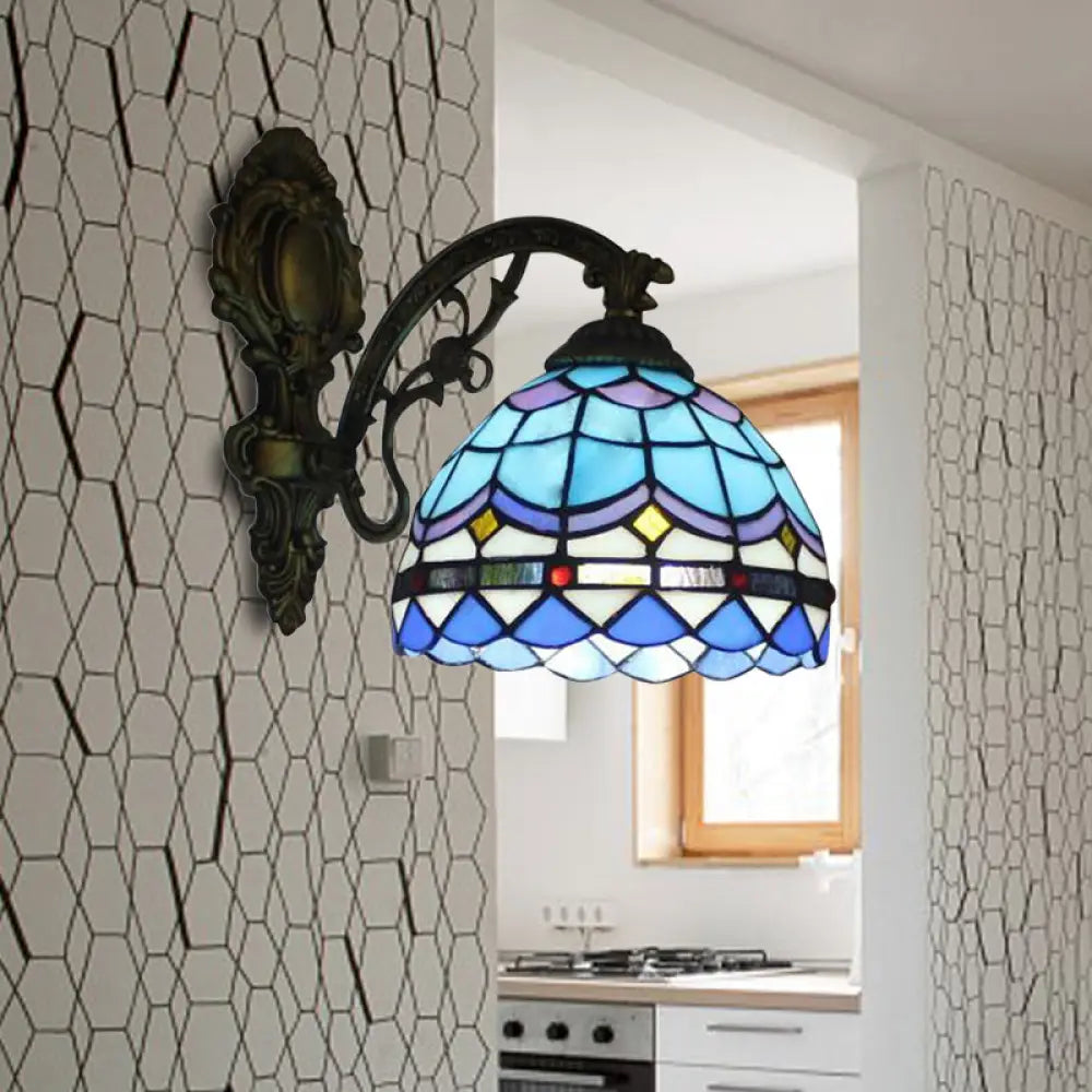 Blue Baroque Stained Glass Dome Wall Light - Bedroom Mount Fixture