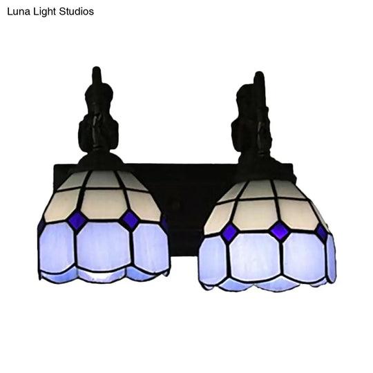 Blue Baroque Stained Glass Wall Sconce With Lattice Dome And 2 Lights