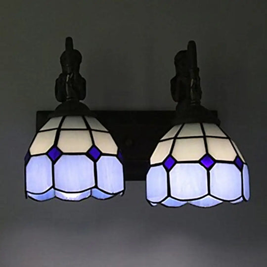 Blue Baroque Stained Glass Wall Sconce With Lattice Dome And 2 Lights