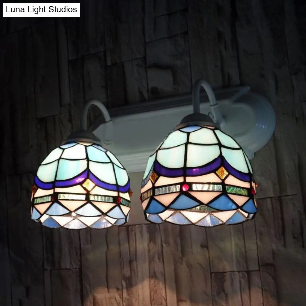 Blue Baroque Wall Lighting With Stained Glass Shade - 2 Head Sconce Light For Living Room