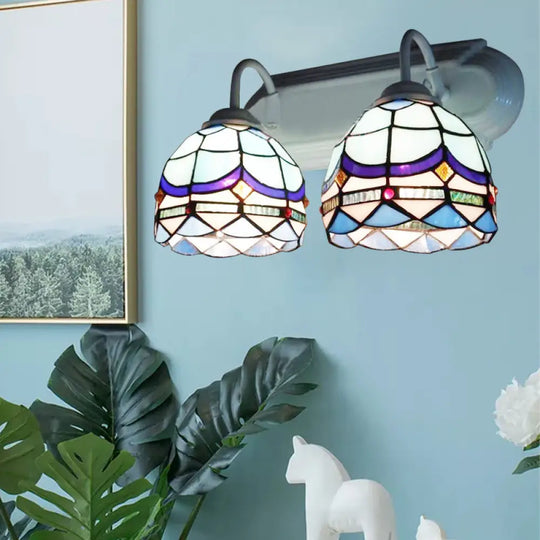 Blue Baroque Wall Lighting With Stained Glass Shade - 2 Head Sconce Light For Living Room