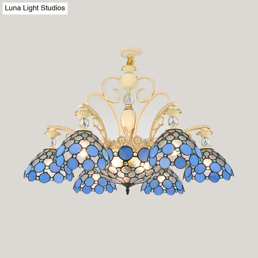 Mediterranean Stained Glass Pendant Light - Blue Beaded Chandelier With 6/9/11 Lights For Bedroom