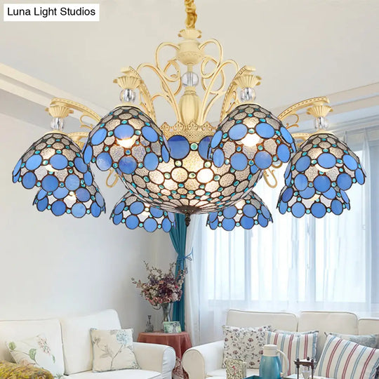 Mediterranean Stained Glass Pendant Light - Blue Beaded Chandelier With 6/9/11 Lights For Bedroom 11