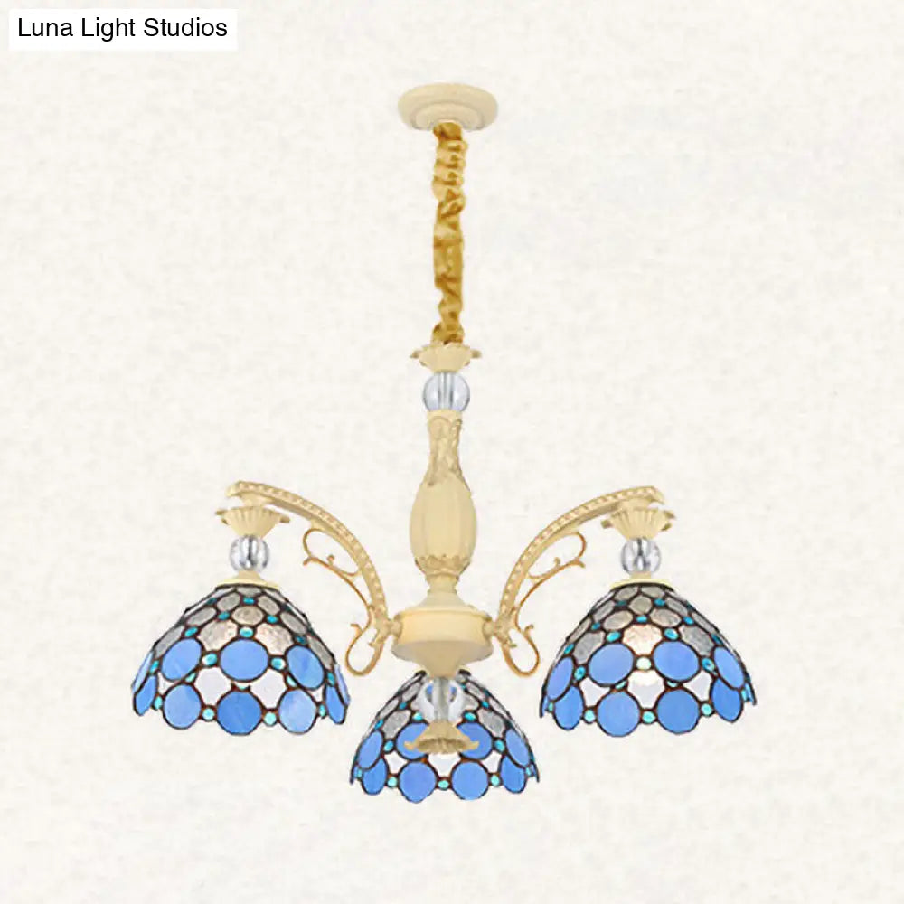 Mediterranean Stained Glass Pendant Light - Blue Beaded Chandelier With 6/9/11 Lights For Bedroom 3