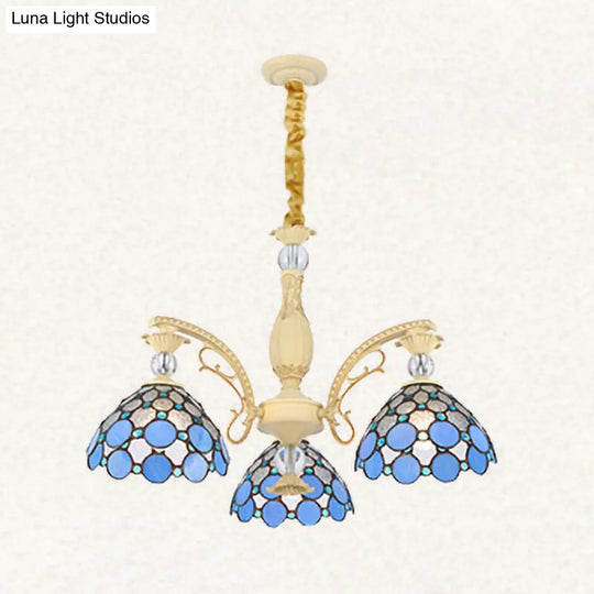 Mediterranean Stained Glass Pendant Light - Blue Beaded Chandelier With 6/9/11 Lights For Bedroom 3