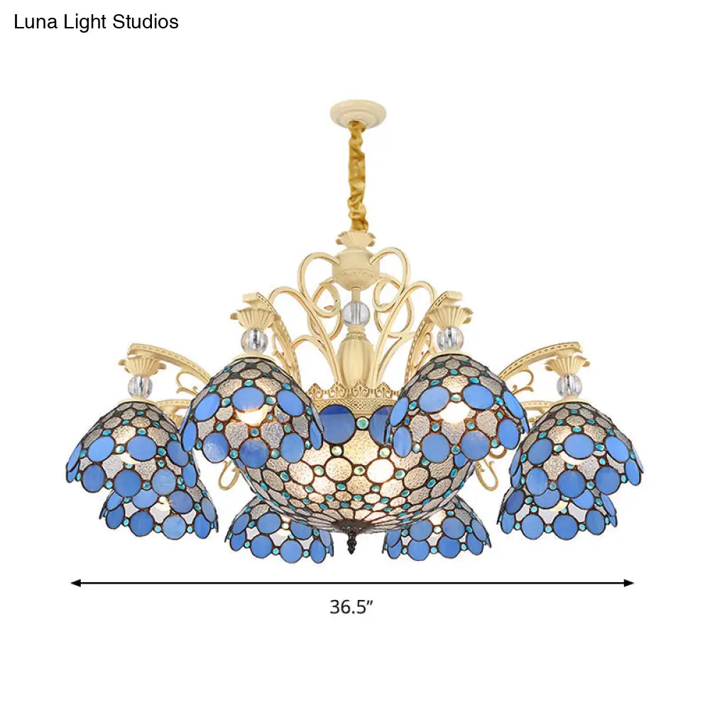 Blue Beaded Mediterranean Chandelier With Stained Art Glass Shade - 6/9/11 Lights Pendant For