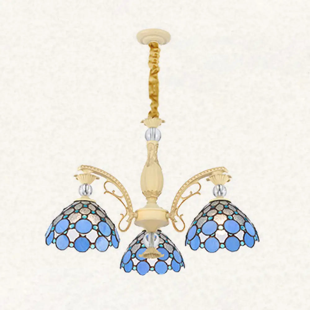 Blue Beaded Mediterranean Chandelier With Stained Art Glass Shade - 6/9/11 Lights Pendant For