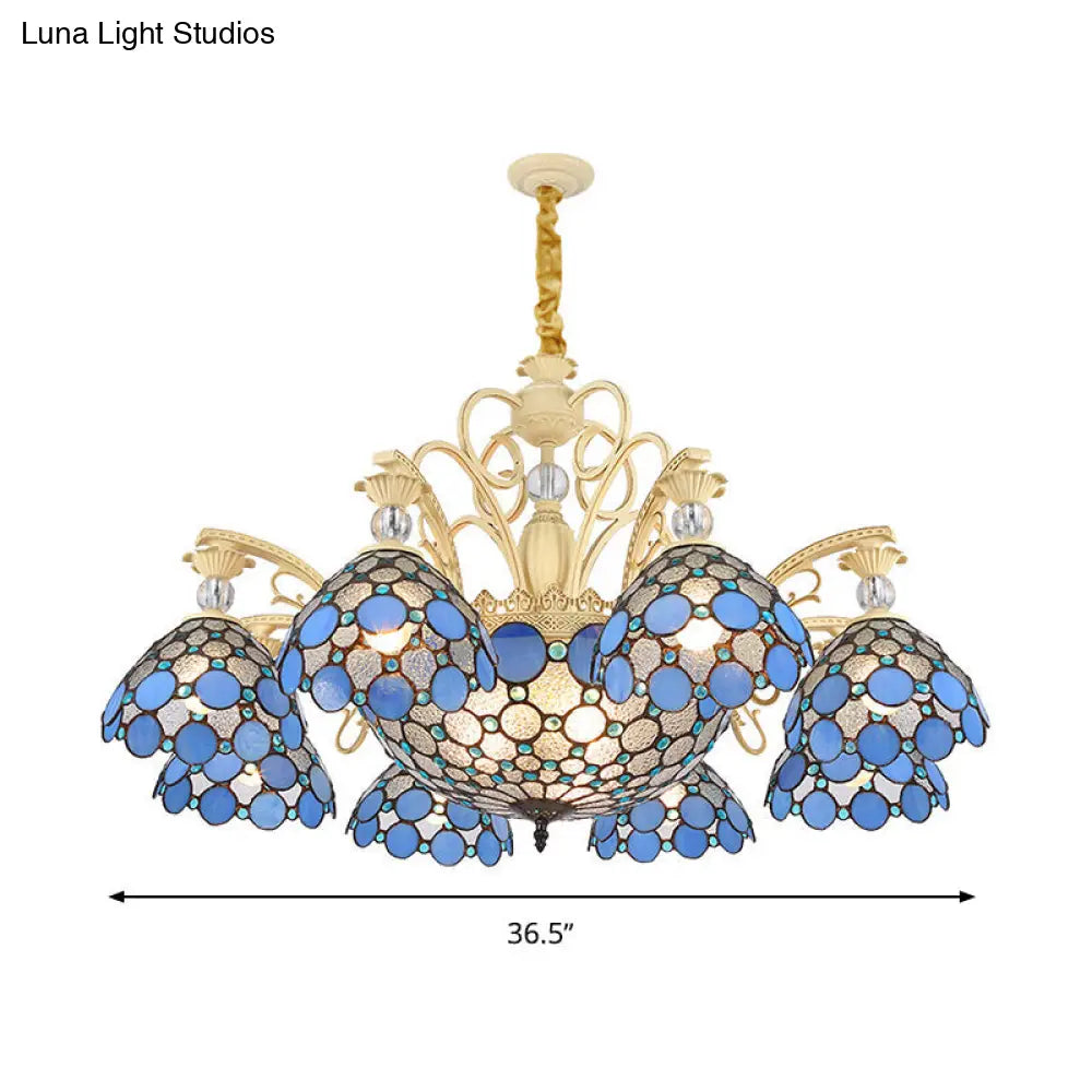 Mediterranean Stained Glass Pendant Light - Blue Beaded Chandelier With 6/9/11 Lights For Bedroom