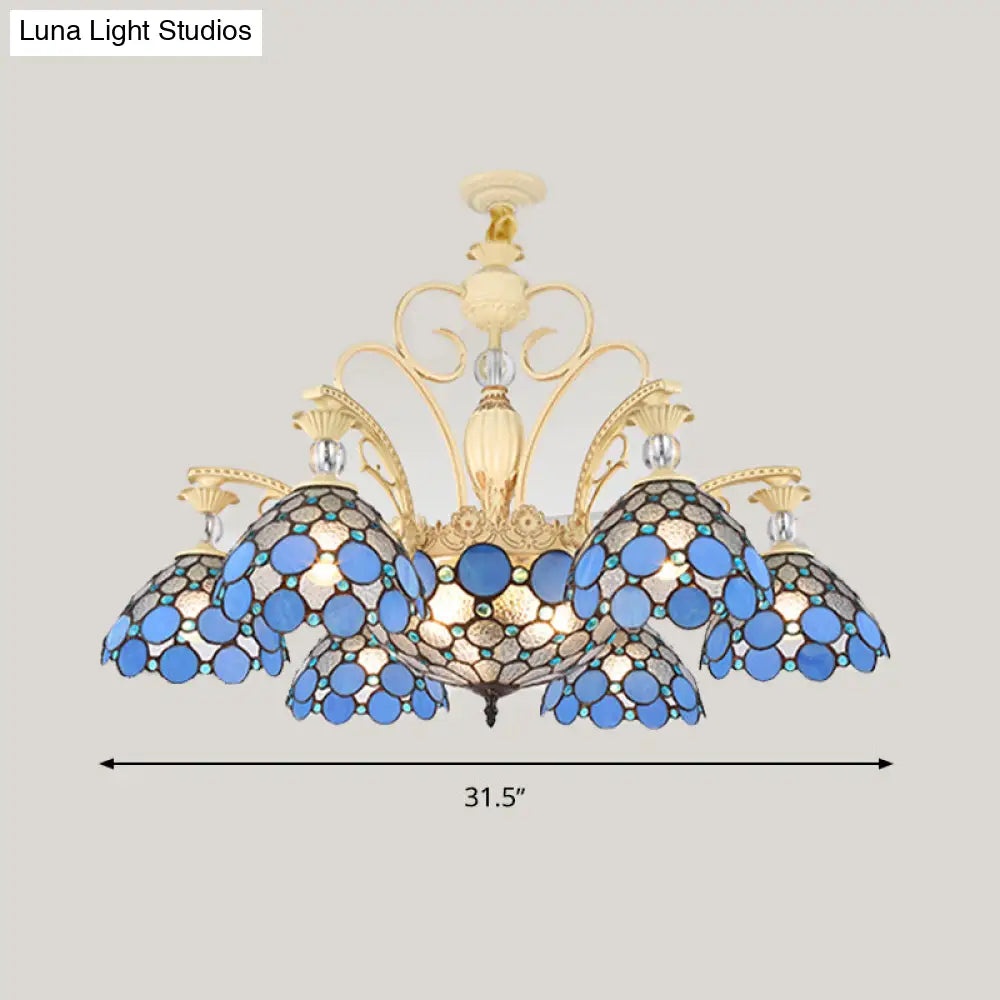 Blue Beaded Mediterranean Chandelier With Stained Art Glass Shade - 6/9/11 Lights Pendant For