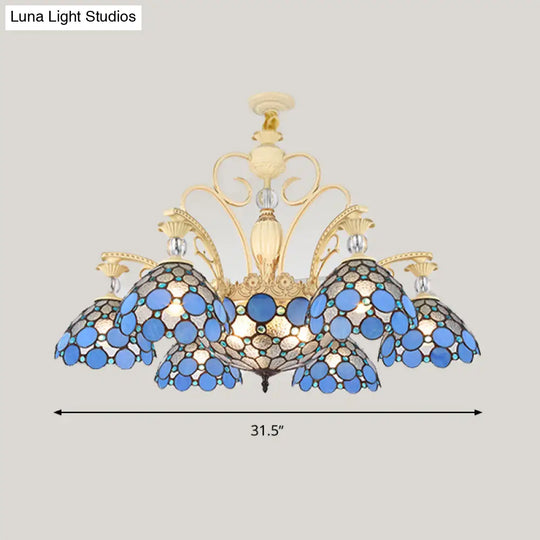 Blue Beaded Mediterranean Chandelier With Stained Art Glass Shade - 6/9/11 Lights Pendant For