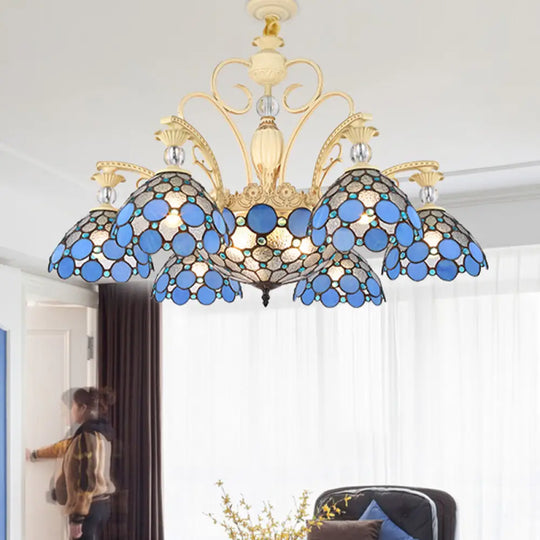 Blue Beaded Mediterranean Chandelier With Stained Art Glass Shade - 6/9/11 Lights Pendant For