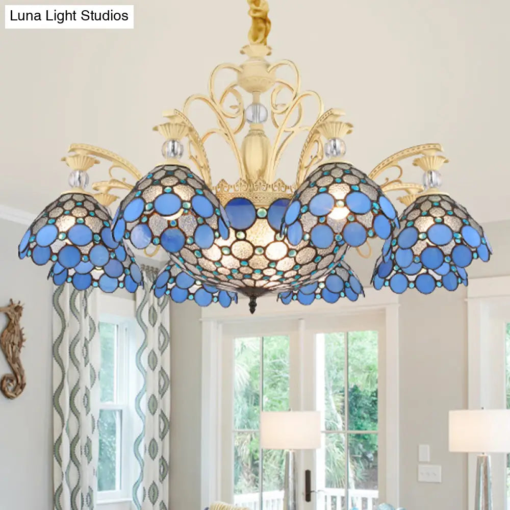 Blue Beaded Mediterranean Chandelier With Stained Art Glass Shade - 6/9/11 Lights Pendant For