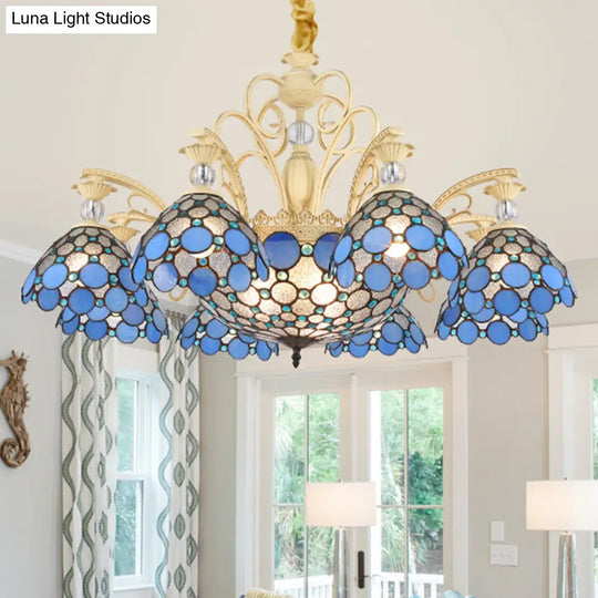 Blue Beaded Mediterranean Chandelier With Stained Art Glass Shade - 6/9/11 Lights Pendant For