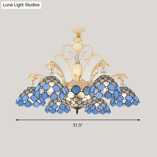 Mediterranean Stained Glass Pendant Light - Blue Beaded Chandelier With 6/9/11 Lights For Bedroom