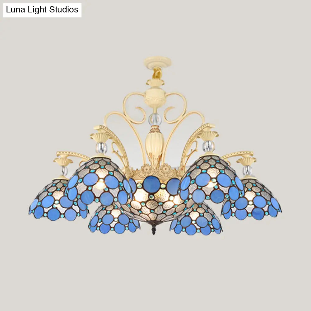 Blue Beaded Mediterranean Chandelier With Stained Art Glass Shade - 6/9/11 Lights Pendant For