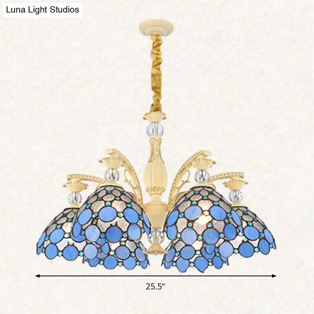 Mediterranean Stained Glass Pendant Light - Blue Beaded Chandelier With 6/9/11 Lights For Bedroom