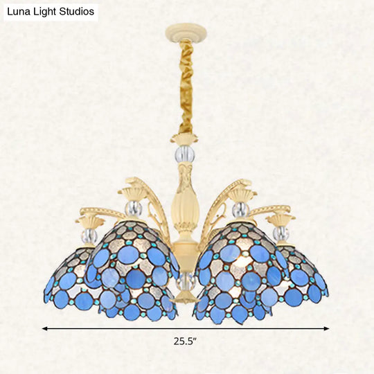 Mediterranean Stained Glass Pendant Light - Blue Beaded Chandelier With 6/9/11 Lights For Bedroom