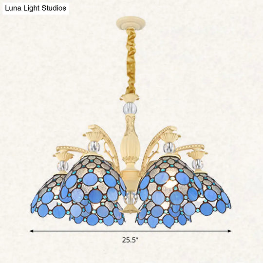 Blue Beaded Mediterranean Chandelier With Stained Art Glass Shade - 6/9/11 Lights Pendant For