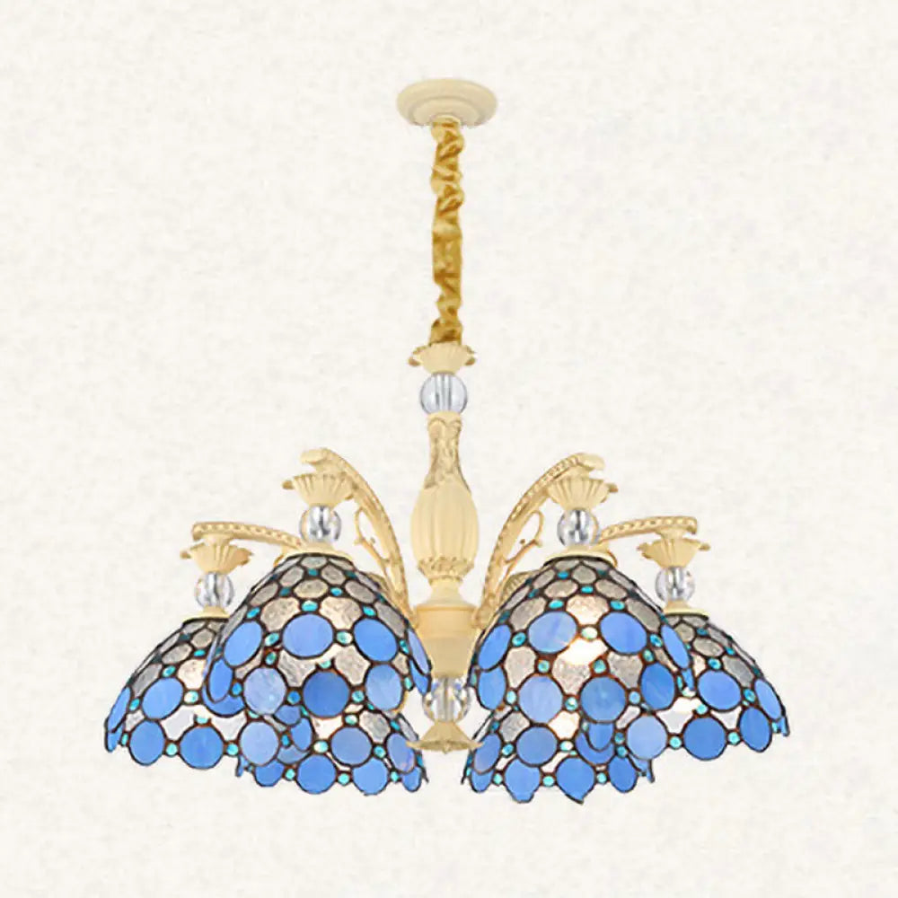 Blue Beaded Mediterranean Chandelier With Stained Art Glass Shade - 6/9/11 Lights Pendant For