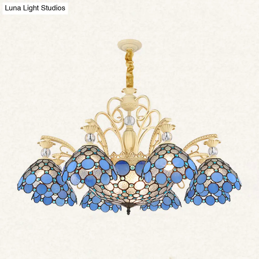 Mediterranean Stained Glass Pendant Light - Blue Beaded Chandelier With 6/9/11 Lights For Bedroom