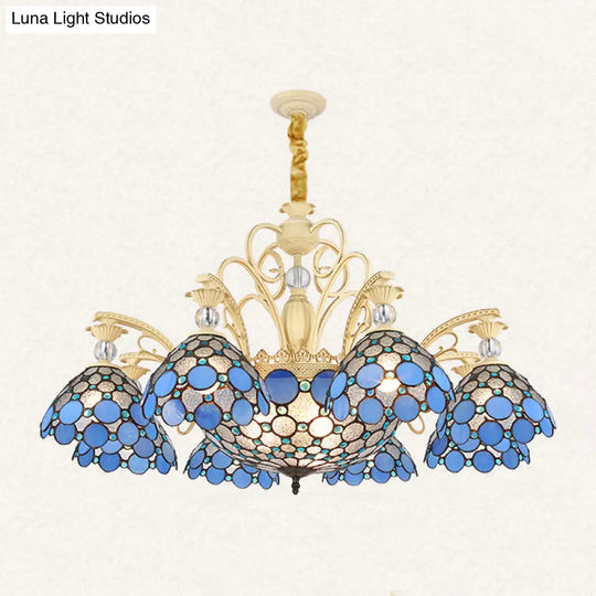 Blue Beaded Mediterranean Chandelier With Stained Art Glass Shade - 6/9/11 Lights Pendant For