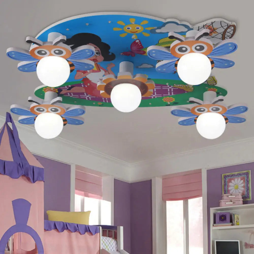 Blue Bee Ceiling Mount Light - 5-Head Cartoon Flush For Nursing Room Foyer
