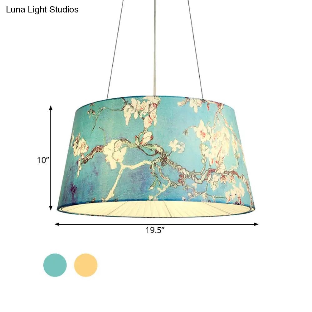 Blue/Beige 4-Light Chandelier: Pastoral Drum Pendant Lamp With Floral Pattern - Ideal For Living