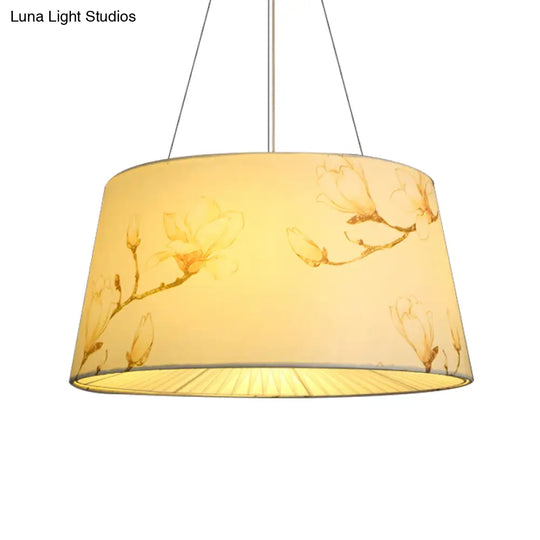 Blue/Beige 4-Light Chandelier: Pastoral Drum Pendant Lamp With Floral Pattern - Ideal For Living