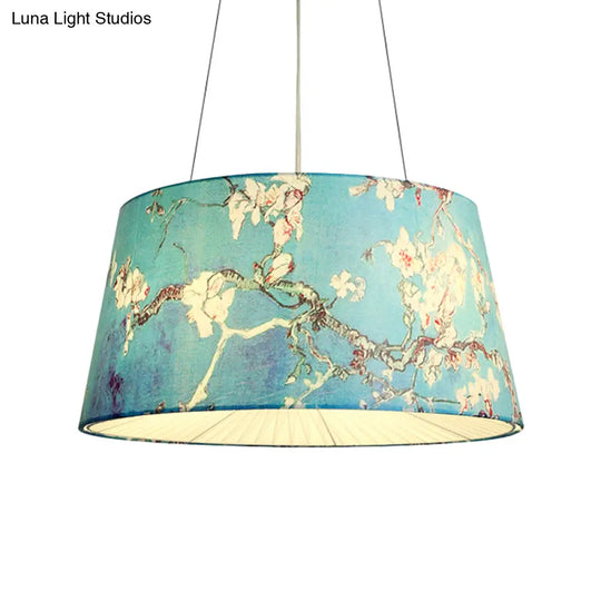 Blue/Beige 4-Light Chandelier: Pastoral Drum Pendant Lamp With Floral Pattern - Ideal For Living