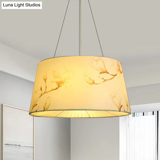 Blue/Beige 4-Light Chandelier: Pastoral Drum Pendant Lamp With Floral Pattern - Ideal For Living