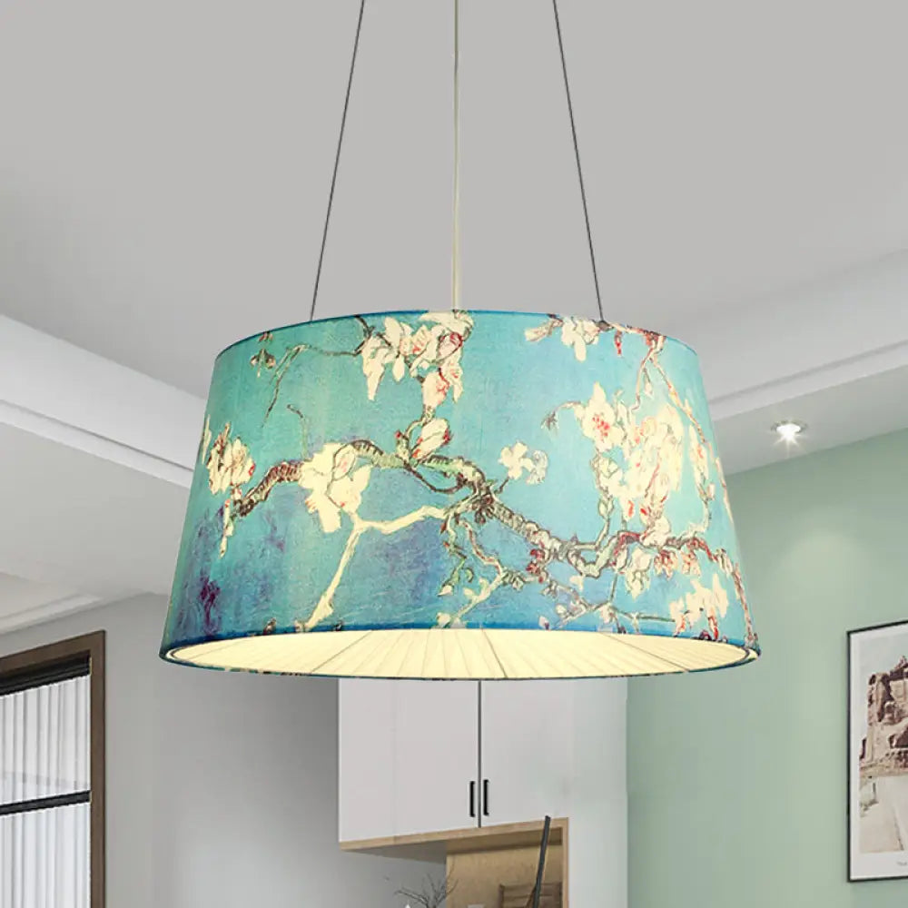 Blue/Beige 4-Light Chandelier: Pastoral Drum Pendant Lamp With Floral Pattern - Ideal For Living