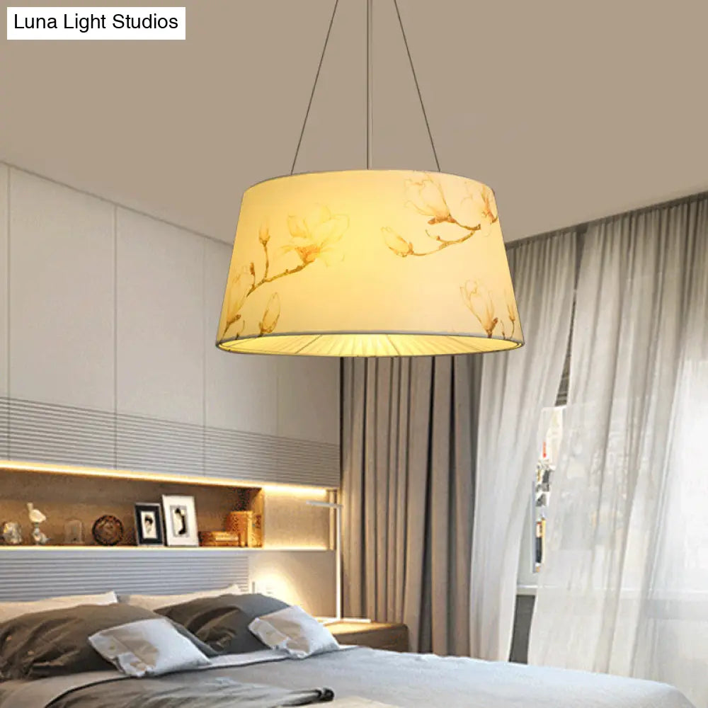 Blue/Beige 4-Light Chandelier: Pastoral Drum Pendant Lamp With Floral Pattern - Ideal For Living