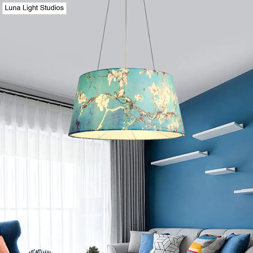 Blue/Beige 4-Light Chandelier: Pastoral Drum Pendant Lamp With Floral Pattern - Ideal For Living