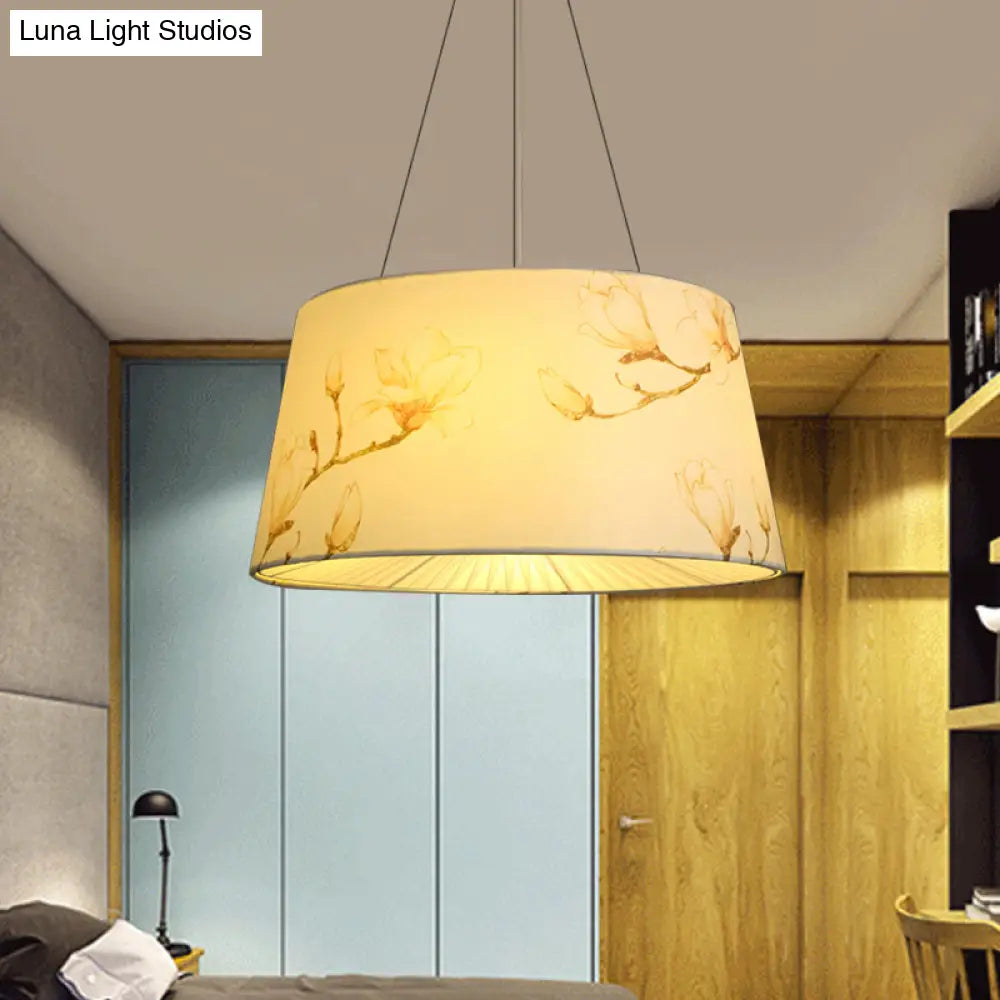 Blue/Beige 4-Light Chandelier: Pastoral Drum Pendant Lamp With Floral Pattern - Ideal For Living