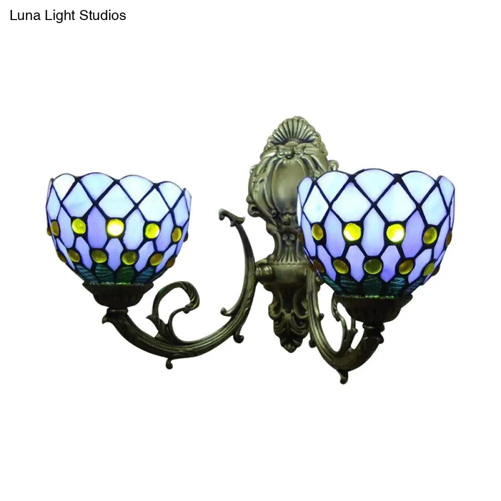 Blue/Beige Lattice Bowl Wall Sconce Tiffany Traditional Lamp For Bathroom