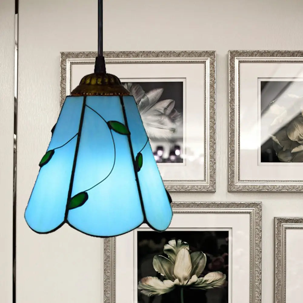 Blue/Beige Stained Glass Conical Tiffany Hanging Lamp - Mini Pendant For Living Room Blue