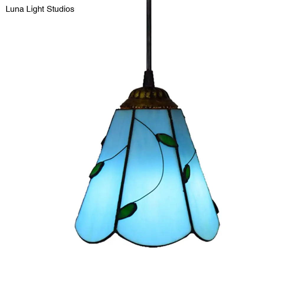 Blue/Beige Stained Glass Conical Tiffany Hanging Lamp - Mini Pendant For Living Room